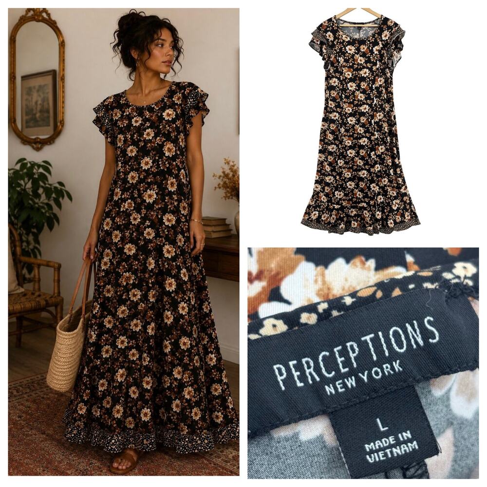 Dark Cottagecore Flutter Sleeve Maxi Dress Large Prairie Rustic Romance Boho